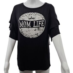 Timing Mom Life Graphic Tee Ruffle Short Sleeve Top Black Women's Small‎ Crew